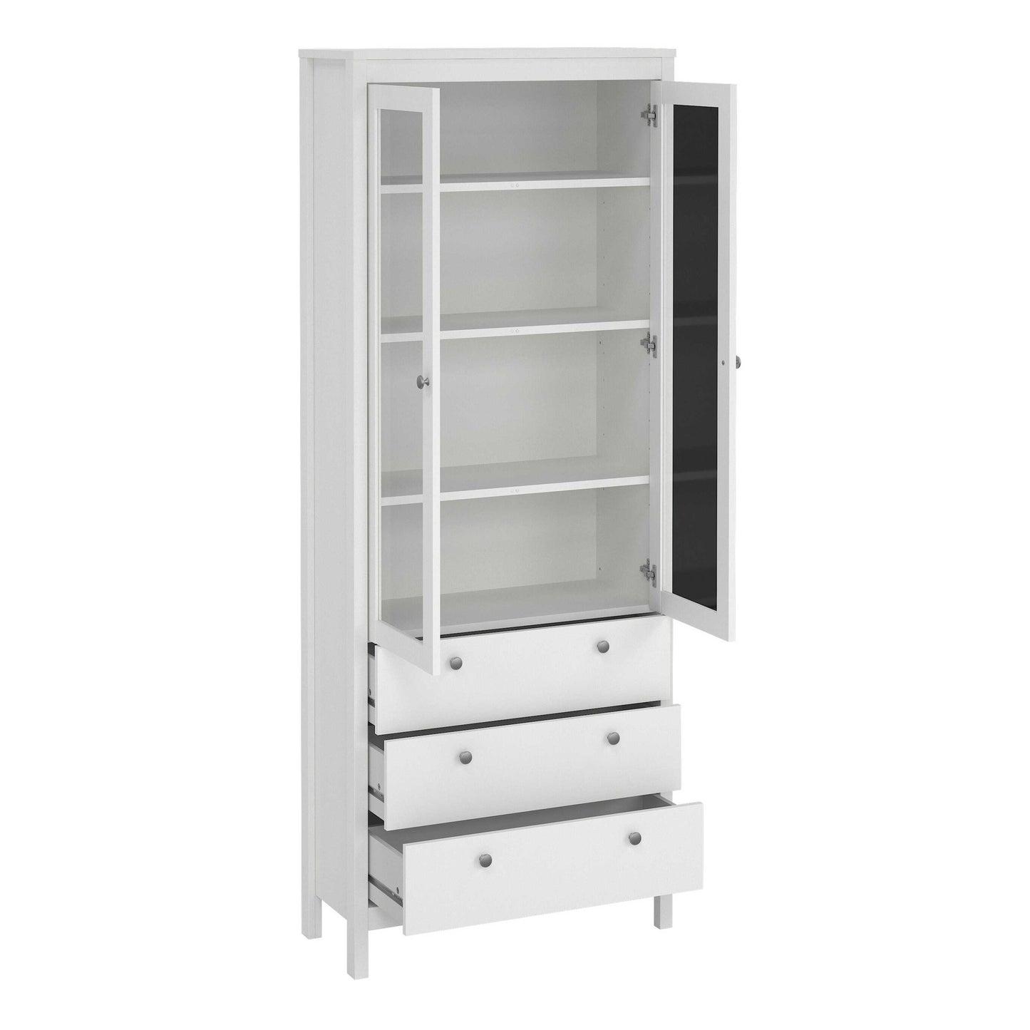 Gossmere White Wooden China Cabinet 2 Glass Doors 3 Drawers Silver Handles