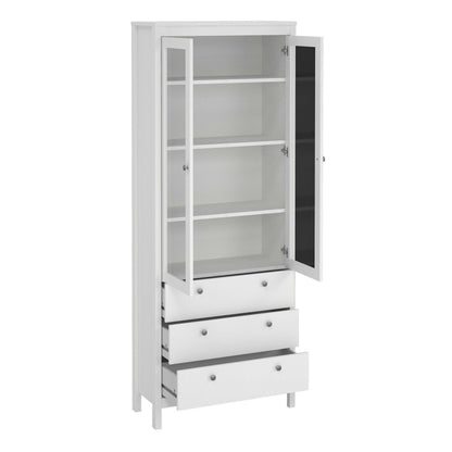 Gossmere White Wooden China Cabinet 2 Glass Doors 3 Drawers Silver Handles