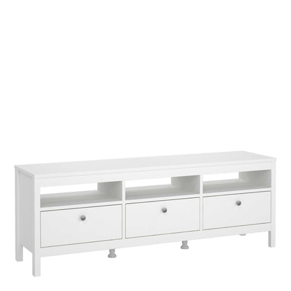 Gossmere White Wooden TV Unit 3 Drawers Silver Handles