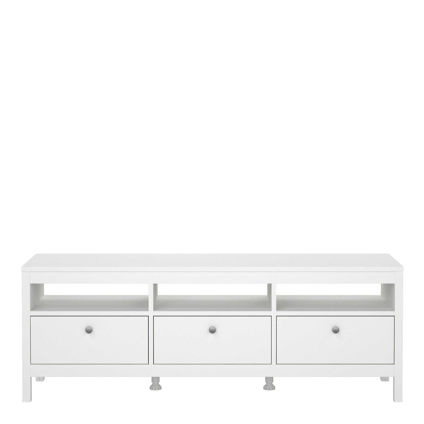 Gossmere White Wooden TV Unit 3 Drawers Silver Handles