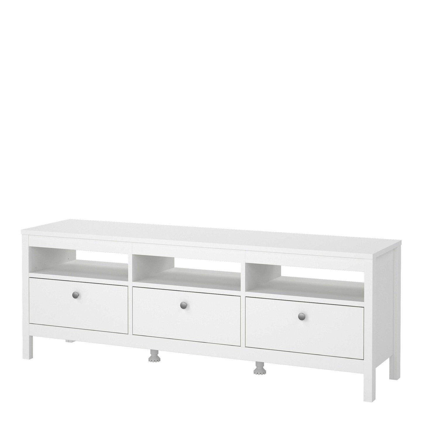 Gossmere White Wooden TV Unit 3 Drawers Silver Handles