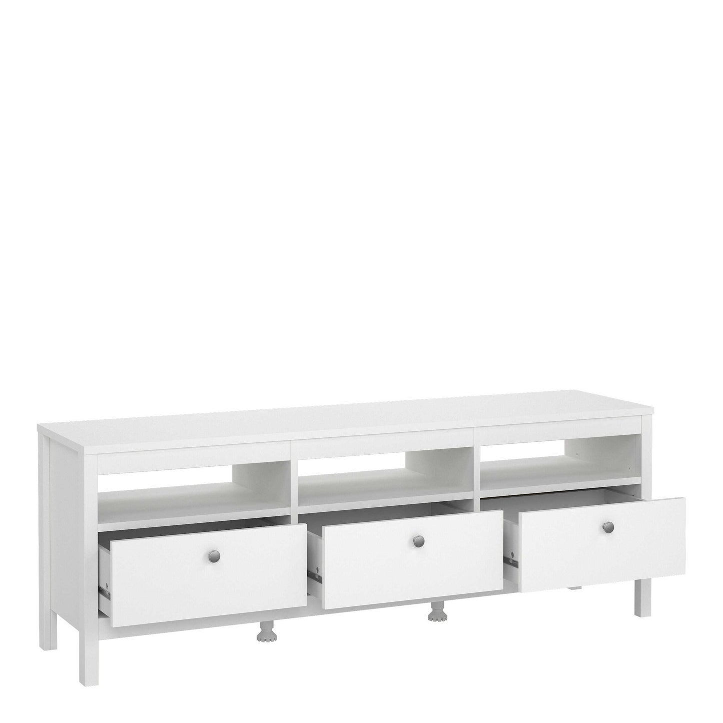 Gossmere White Wooden TV Unit 3 Drawers Silver Handles