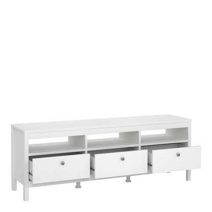 Gossmere White Wooden TV Unit 3 Drawers Silver Handles