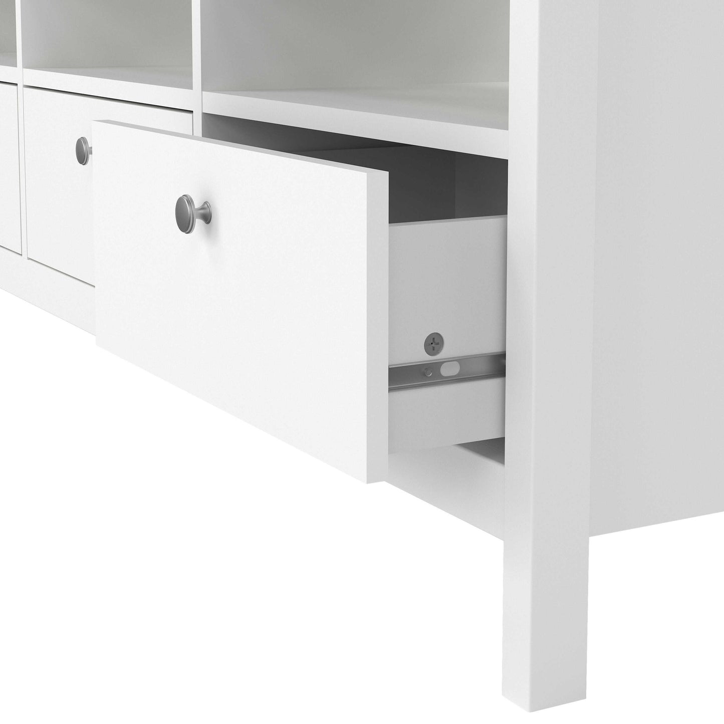 Gossmere White Wooden TV Unit 3 Drawers Silver Handles