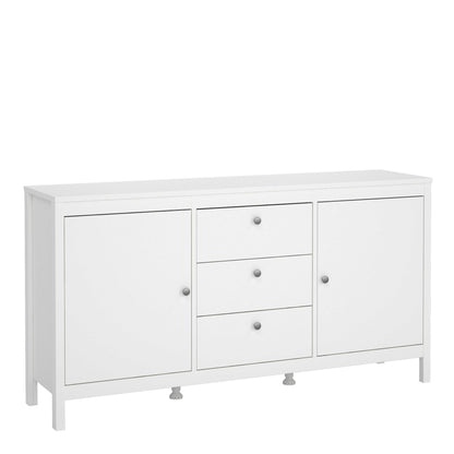 Gossmere White Wooden Sideboard 2 Doors  3 Drawers Silver Handles