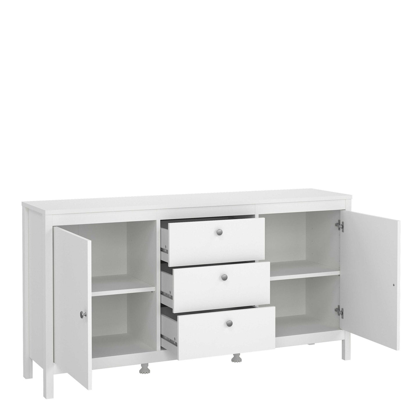 Gossmere White Wooden Sideboard 2 Doors  3 Drawers Silver Handles