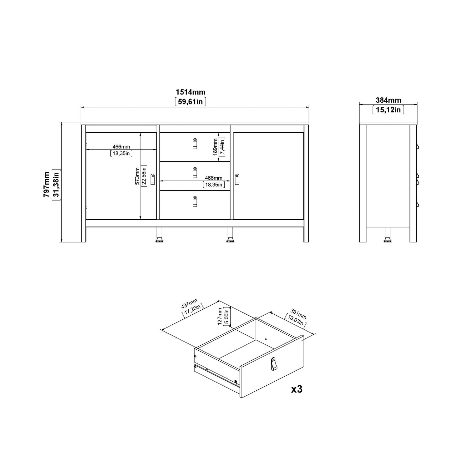 Gossmere Natural Cashmere Sideboard 3 Drawers 2 Doors