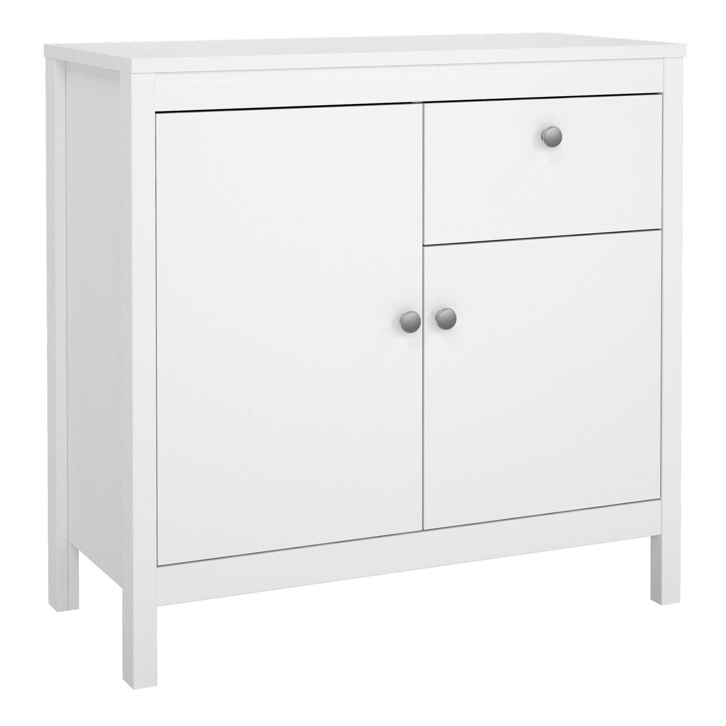 Gossmere White Wooden Storage Cupboard 2 Doors  1 Drawer Silver Handles
