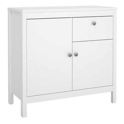Gossmere White Wooden Storage Cupboard 2 Doors  1 Drawer Silver Handles