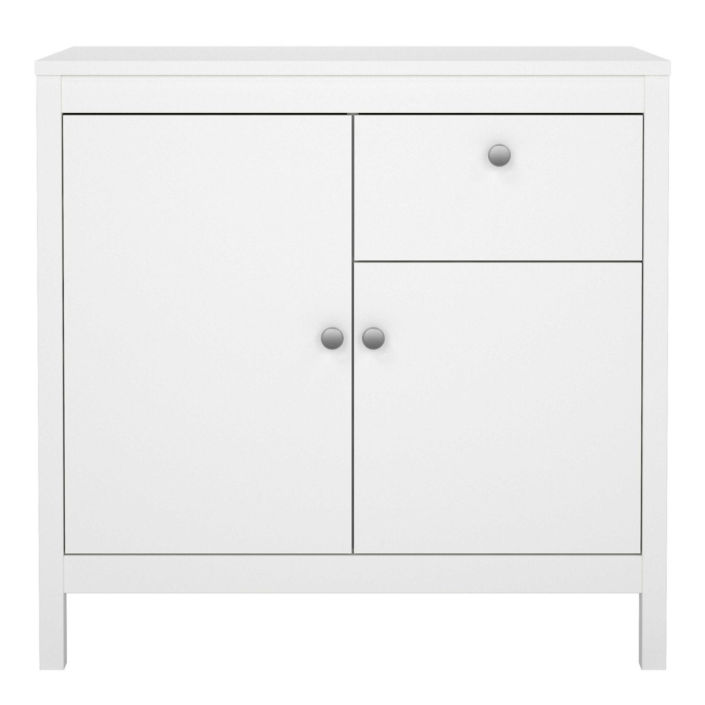 Gossmere White Wooden Storage Cupboard 2 Doors  1 Drawer Silver Handles