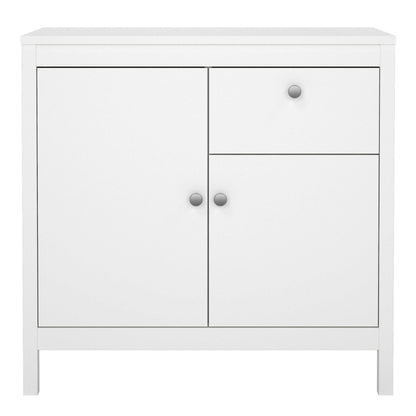 Gossmere White Wooden Storage Cupboard 2 Doors  1 Drawer Silver Handles