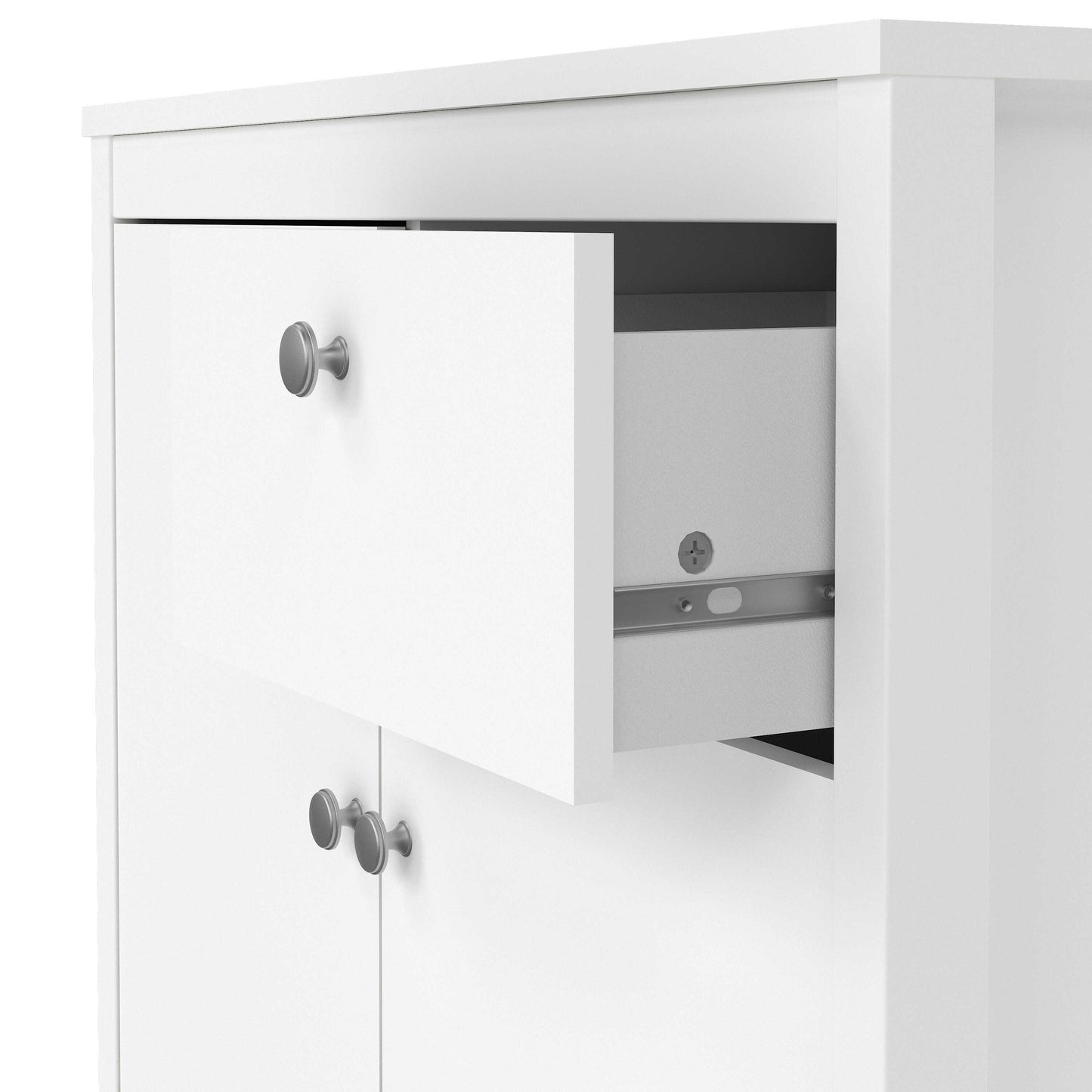 Gossmere White Wooden Storage Cupboard 2 Doors  1 Drawer Silver Handles