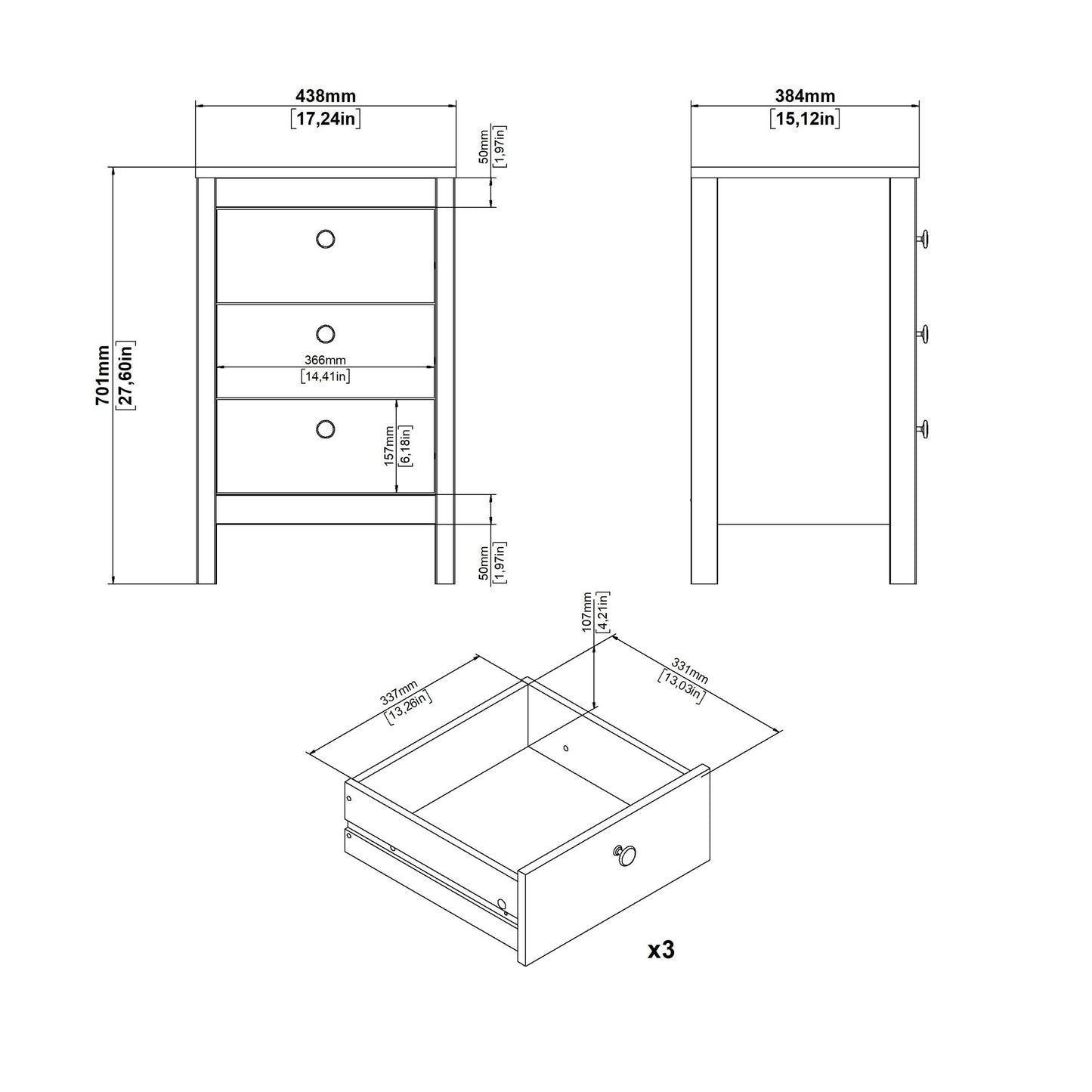 Gossmere Natural Cashmere Bedside Table 3 Drawers