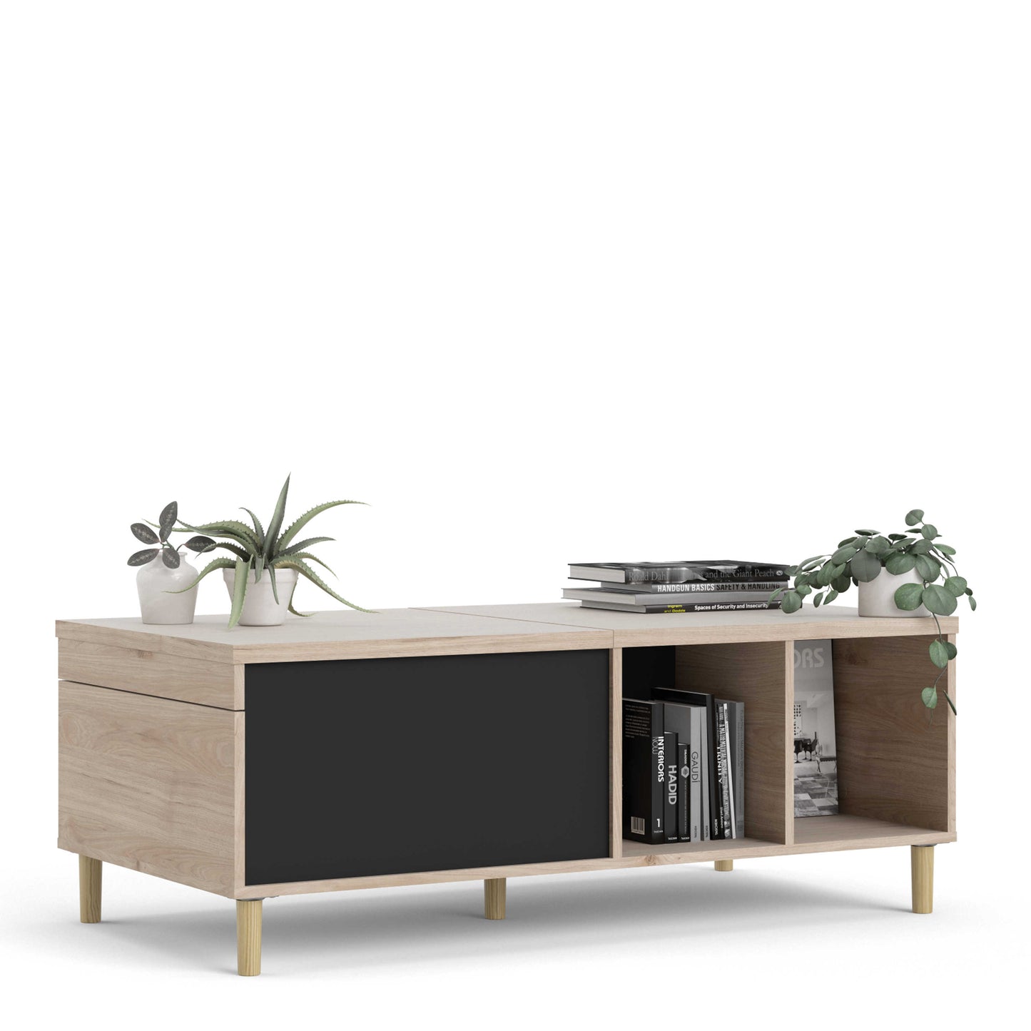 Tao Natural Oak Effect and Matt Black Coffee Table with Sliding Top