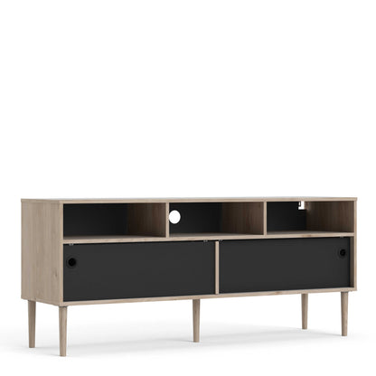 Tao Natural Oak Effect and Matt Black TV Unit 2 Sliding Doors