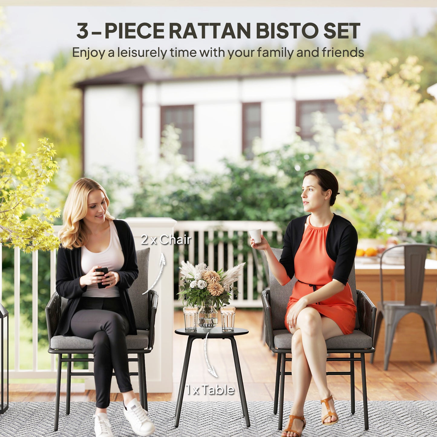 Sunoco Grey Rattan Weave Rope 3 Piece Bistro Set With Cushions And Glass Coffee Table