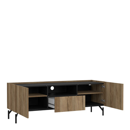 Hillerod Natural Oak Wood and Black TV Unit 2 Doors 1 Drawer