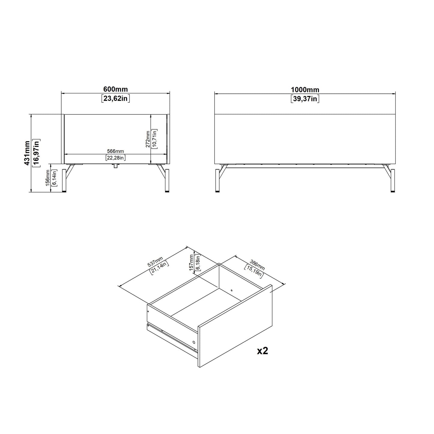 Hillerod Natural Oak Wood and Black Coffee Table 2 Drawers