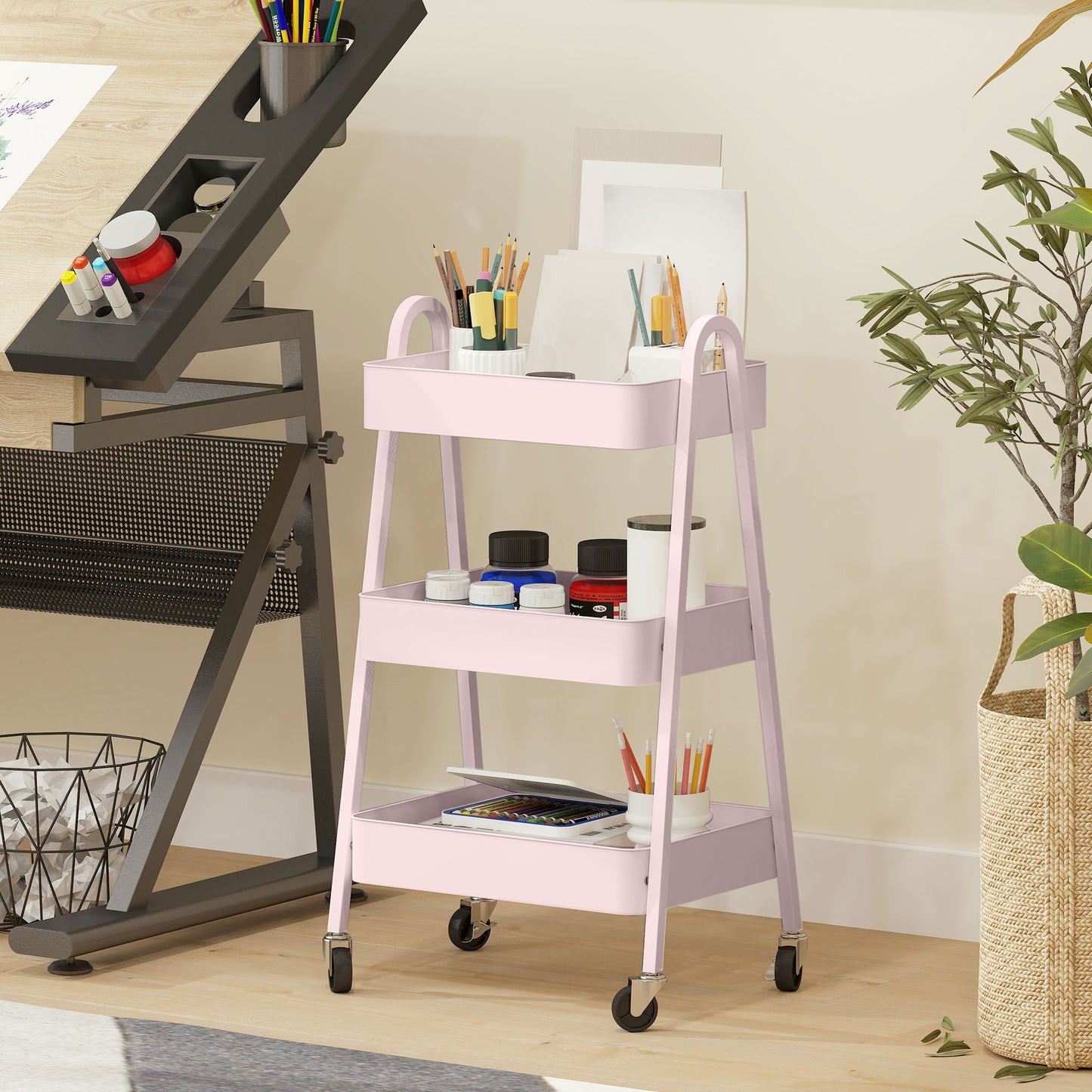 Subase Metal Pink 3 Tier Storage Trolley With Wheels