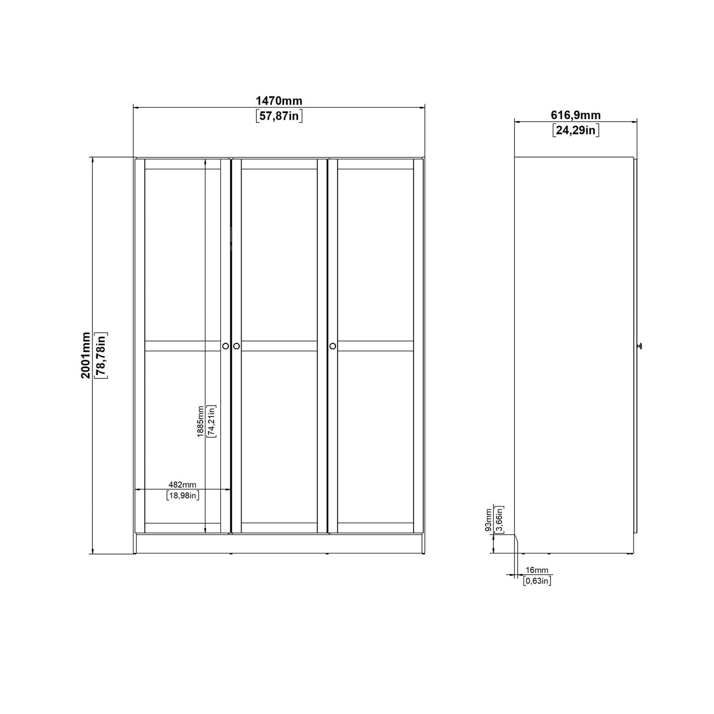 Cherryfern Natural Oak Wood Wardrobe 3 Frame Doors