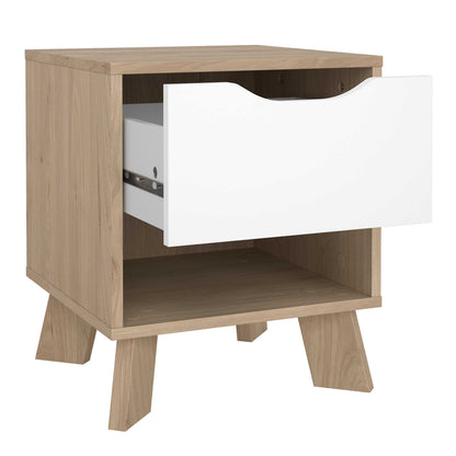 Hobro White and Natural Oak Wood Nightstand 1 Drawer