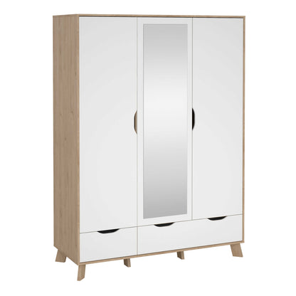 Lira Jackson Hickory Oak Wood and White Wardrobe 3 Doors  2 Drawers with Mirror