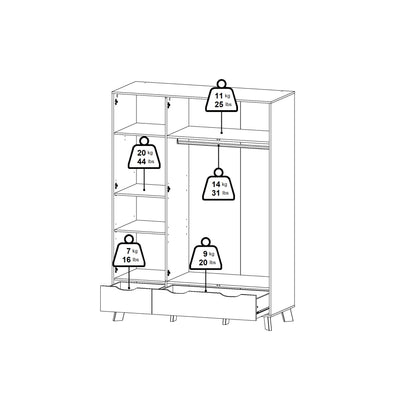 Lira Jackson Hickory Oak Wood and White Wardrobe 3 Doors  2 Drawers with Mirror