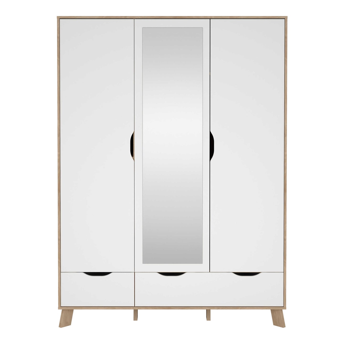 Lira Jackson Hickory Oak Wood and White Wardrobe 3 Doors  2 Drawers with Mirror
