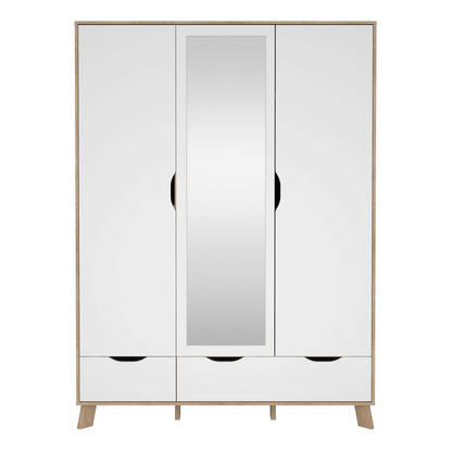 Lira Jackson Hickory Oak Wood and White Wardrobe 3 Doors  2 Drawers with Mirror
