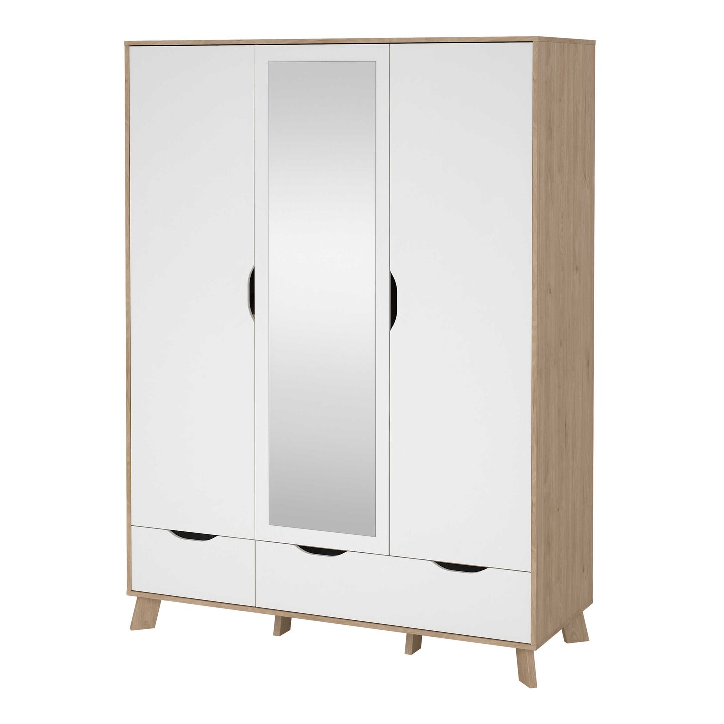 Lira Jackson Hickory Oak Wood and White Wardrobe 3 Doors  2 Drawers with Mirror
