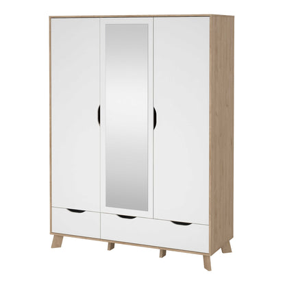 Lira Jackson Hickory Oak Wood and White Wardrobe 3 Doors  2 Drawers with Mirror