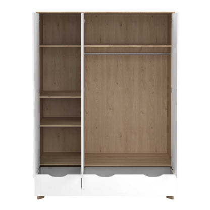 Lira Jackson Hickory Oak Wood and White Wardrobe 3 Doors  2 Drawers with Mirror