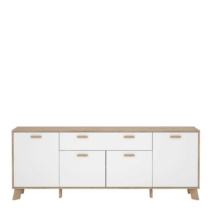 Hobro White and Natural Oak Wood Sideboard 4 Doors 1 Drawer