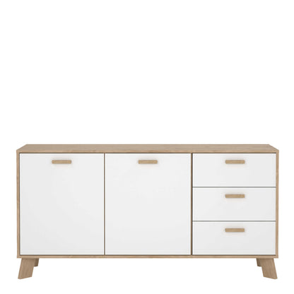 Hobro White and Natural Oak Wood Sideboard 2 Doors 3 Drawers