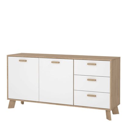 Hobro White and Natural Oak Wood Sideboard 2 Doors 3 Drawers