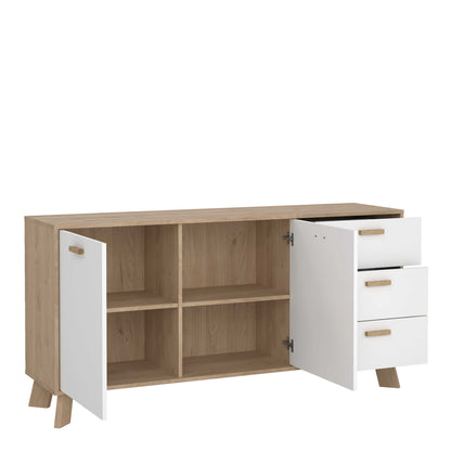 Hobro White and Natural Oak Wood Sideboard 2 Doors 3 Drawers