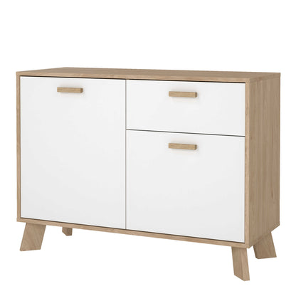 Hobro White and Natural Oak Wood Sideboard 2 Doors 1 Drawer