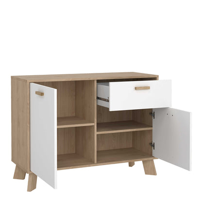 Hobro White and Natural Oak Wood Sideboard 2 Doors 1 Drawer