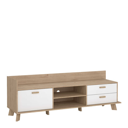 Hobro White and Natural Oak Wood TV Unit with 1 Door 2 Drawers