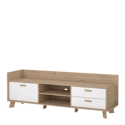 Hobro White and Natural Oak Wood TV Unit with 1 Door 2 Drawers