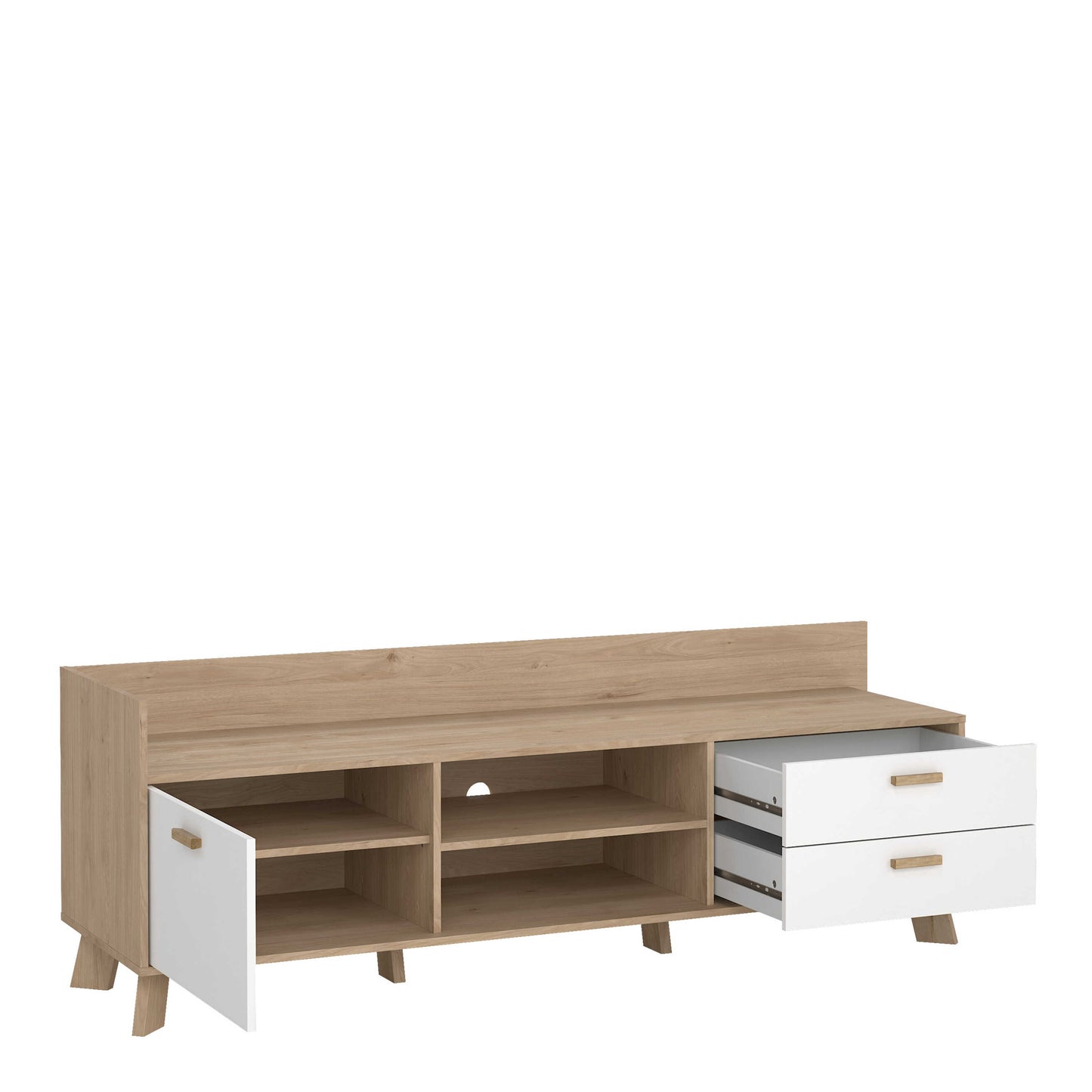 Hobro White and Natural Oak Wood TV Unit with 1 Door 2 Drawers