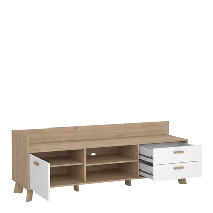 Hobro White and Natural Oak Wood TV Unit with 1 Door 2 Drawers