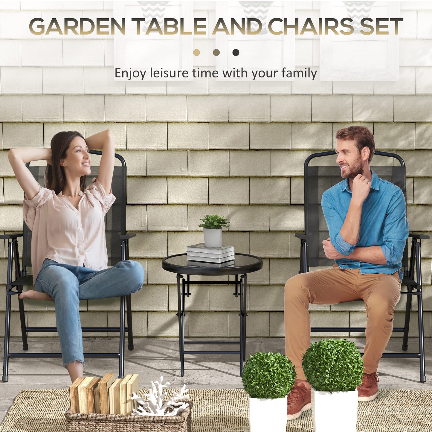 Zivino Glass And Metal Black 3 Piece Garden Seating Set With Table And Chairs