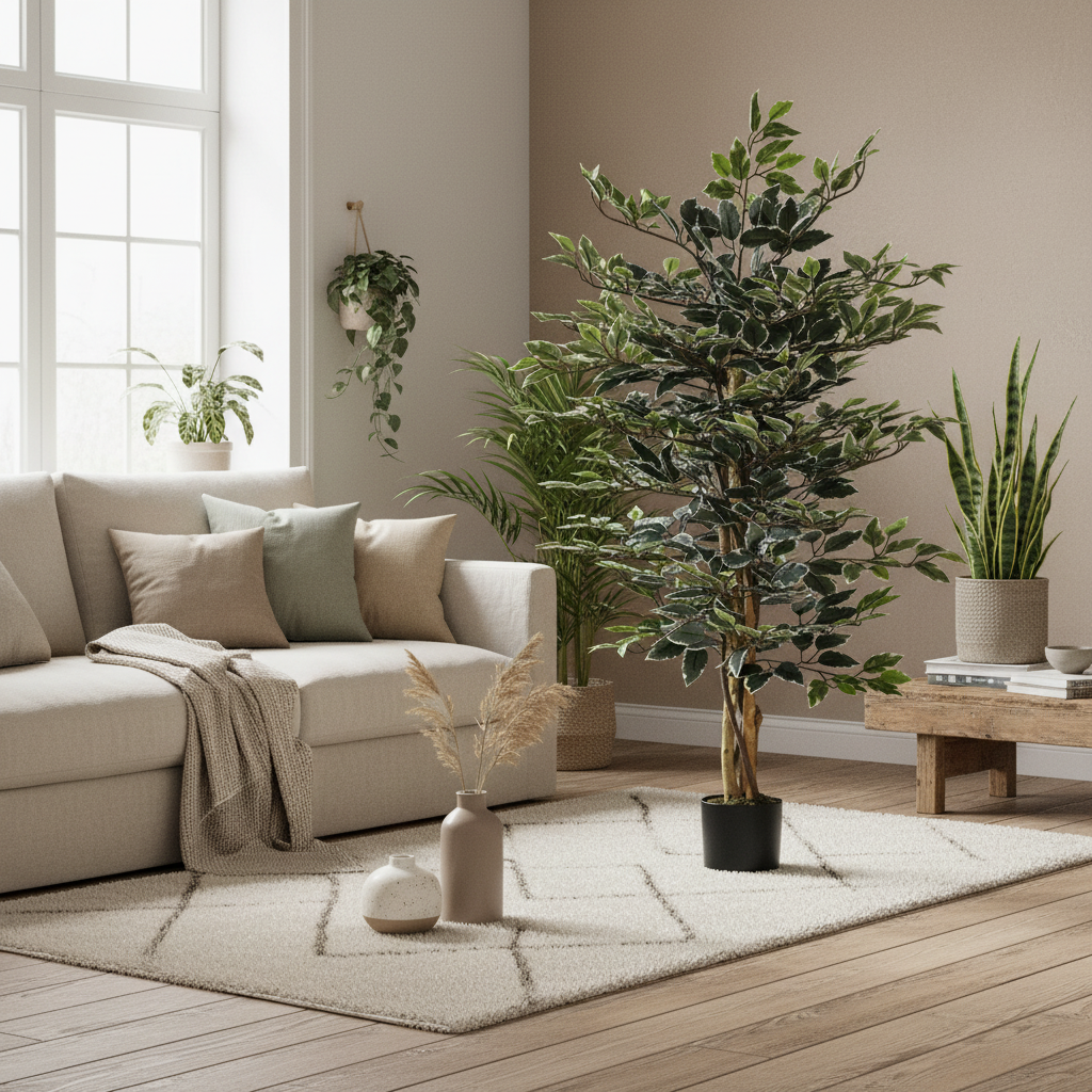 Nedori Tall Artificial Ficus Style Tree With Realistic Leaf Detail In Pot For Office Interiors