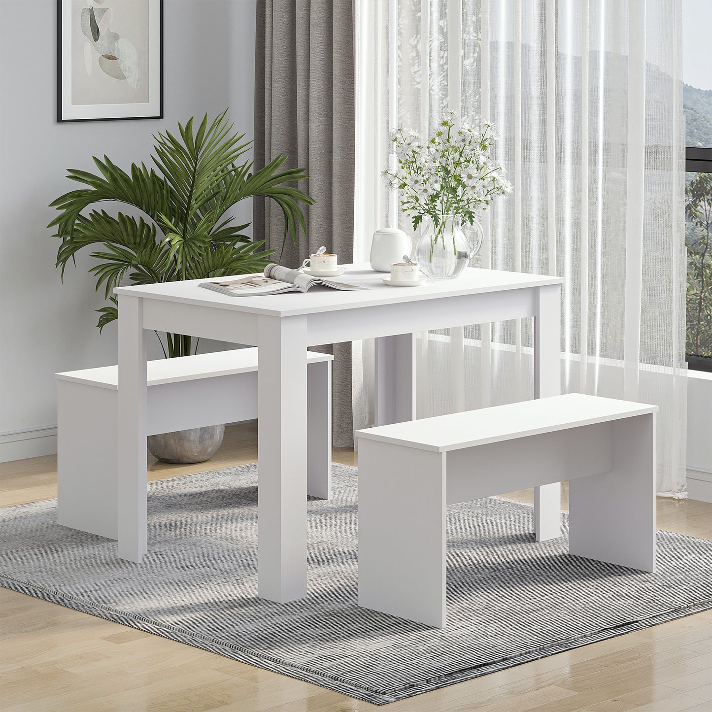 Sono Wooden White Dining Table With 2 Benches For Compact Spaces