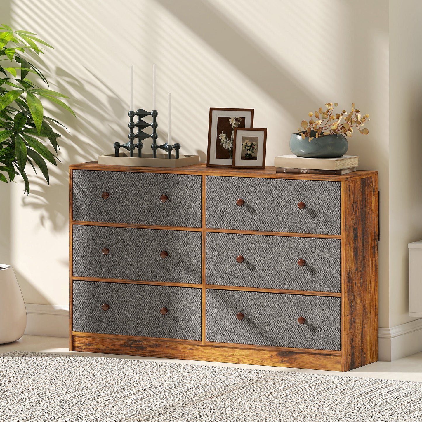 Sanovi Fabric And Wood Grey And Rustic Brown 6 Drawer Storage Dresser
