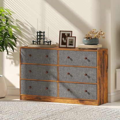 Sanovi Fabric And Wood Grey And Rustic Brown 6 Drawer Storage Dresser