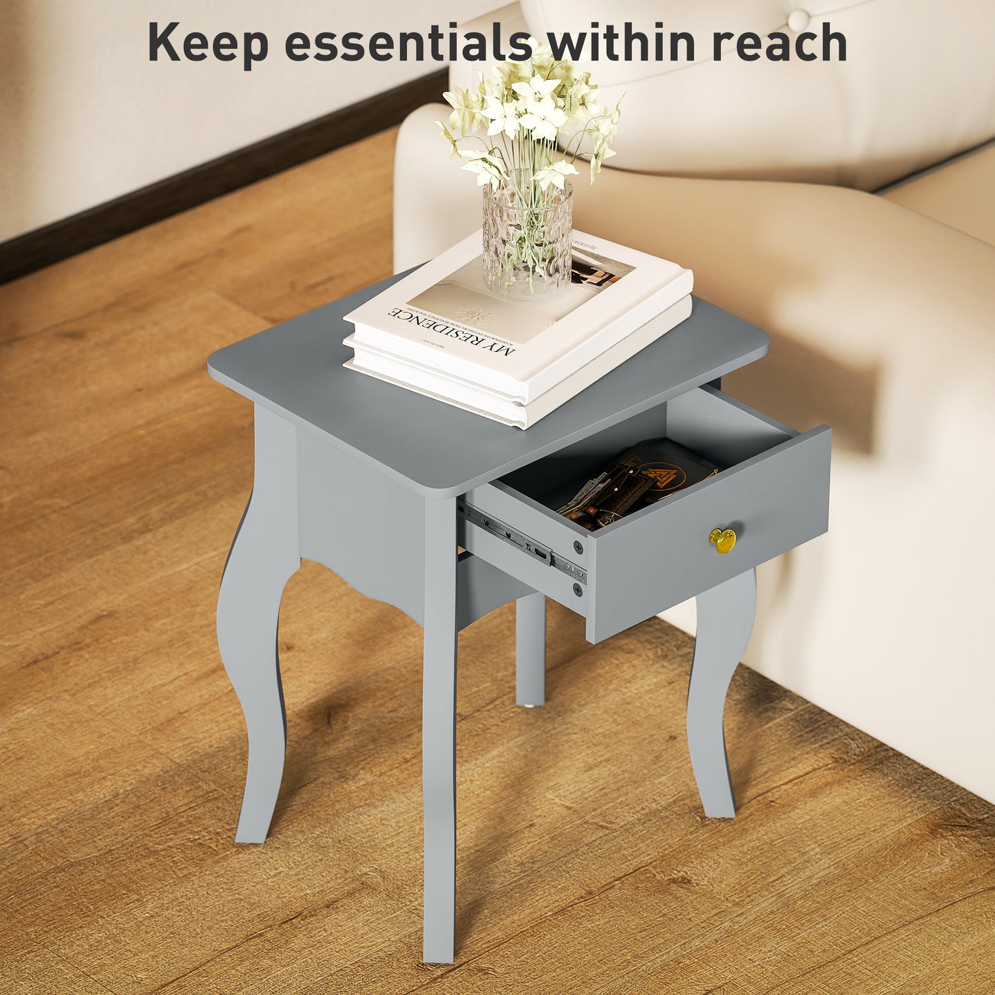Noha Wooden Grey French Style Side Table With Drawer