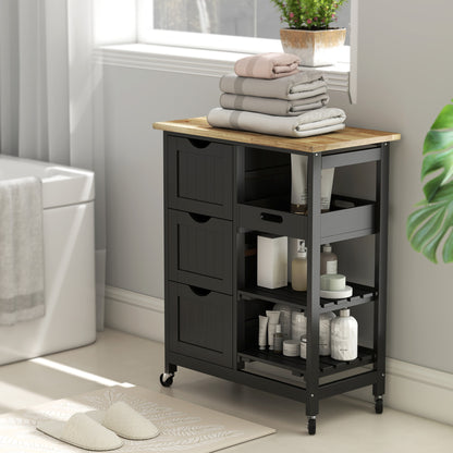 Tovafi Wooden Black Compact Rolling Kitchen Island With Wood Top Shelves And Drawers