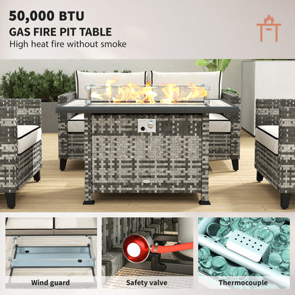 Nerato Grey Rattan 4 Seater Garden Furniture Set With Gas Fire Pit Table